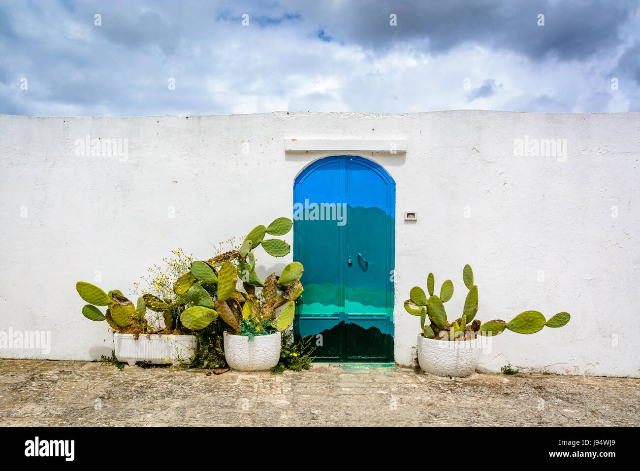 Porta blu e cactus sulla parete bianca di Ostuni, Puglia, Italia Foto stock  - Alamy