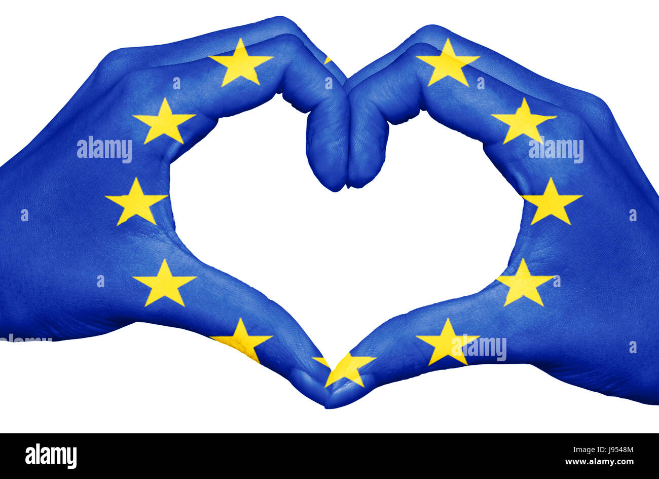 Bandiera dell'Unione europea dipinta su mani formando un cuore isolato su sfondo bianco, il concetto di Europa Foto Stock