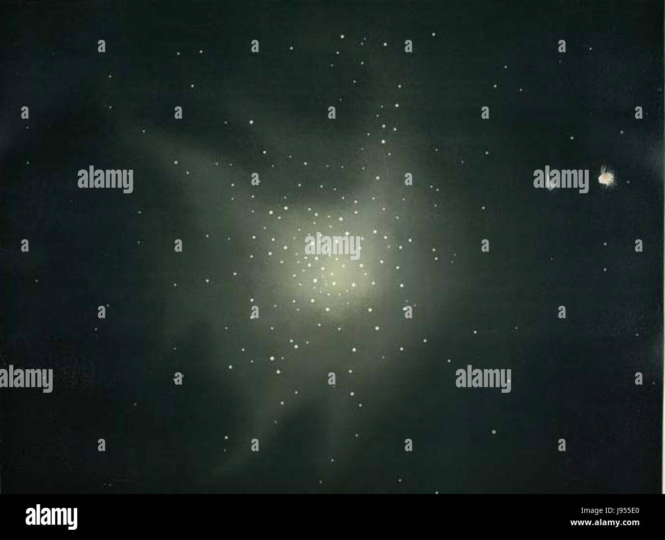 In questa opera del 1877 di Trouvelot, sono raffigurati ammassi stellari nella costellazione di Ercole. L'illustrazione astronomica dettagliata riflette la conoscenza e le tecniche dell'osservazione delle stelle della fine del XIX secolo. Foto Stock