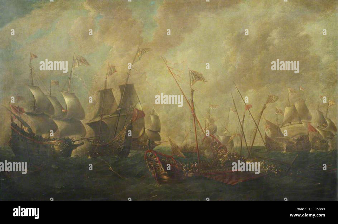 L'azione tra Galeasse e galee nel Mediterraneo di Sebastian Castroâ raffigura una battaglia navale tra galeasse e galee durante il primo periodo moderno, che mette in mostra le dinamiche della guerra mediterranea e della strategia navale dell'epoca. Foto Stock