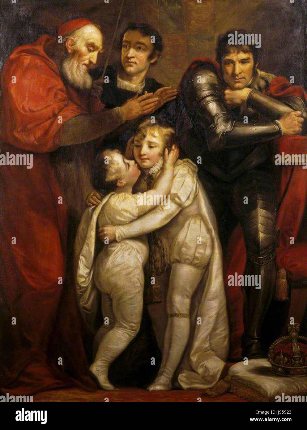 Questo dipinto di J. Northcote del 1799 raffigura l'incontro di Edoardo V e suo fratello, offrendo una rappresentazione drammatica di questo momento storico della storia reale inglese. Foto Stock