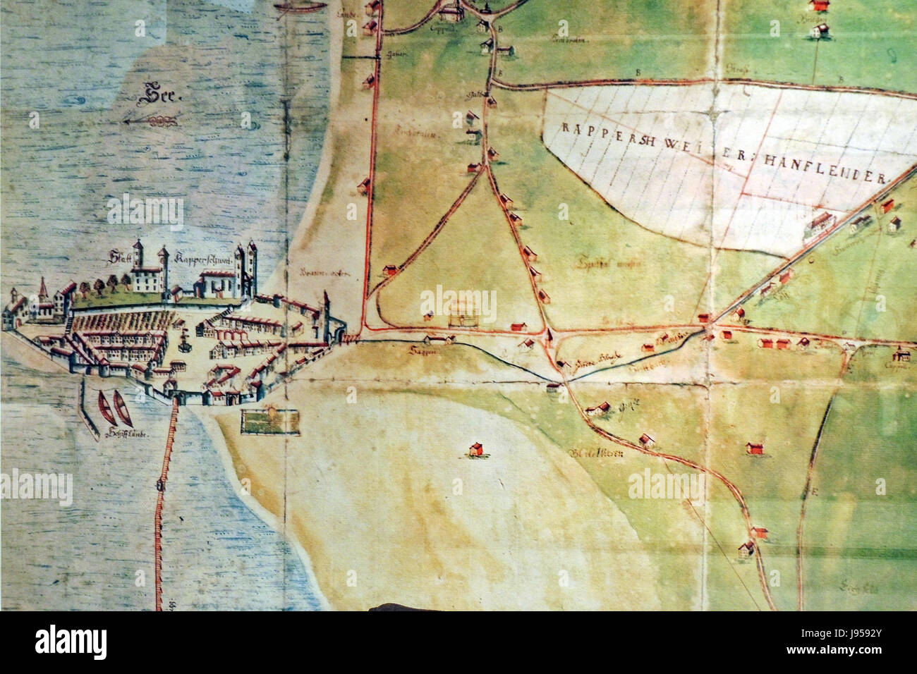 Una mappa storica di Rapperswil e Jona del 1804, che illustra l'assetto geografico e le caratteristiche significative della città svizzera all'inizio del XIX secolo. Foto Stock