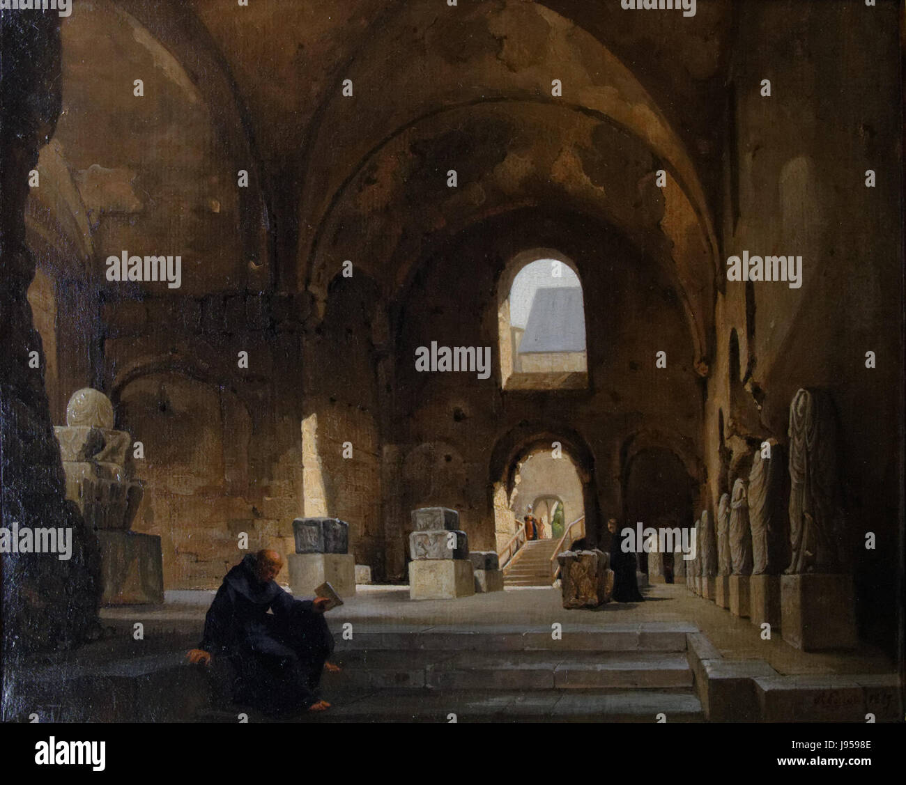 Il frigidarium nella raffigurazione del 1845 del Musée National du Moyen Âge (Museo Cluny) mostra la cella fredda dell'antico bagno romano. Lo spazio è stato utilizzato per rinfrescarsi durante i rituali del bagno, mostrando l'architettura storica romana e la cultura del bagno. Foto Stock