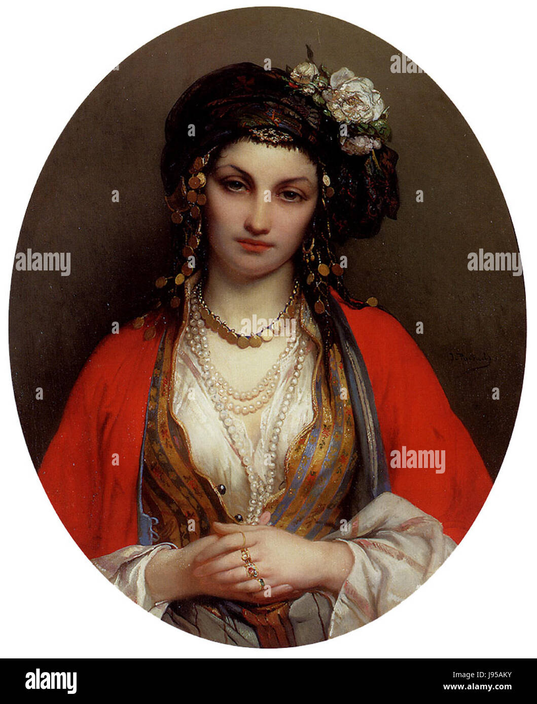 Jean-FranÃ§ois Portaels' 'An Oriental Beauty' è un dipinto che raffigura una donna in abito orientale tradizionale, che mette in evidenza il fascino dell'artista per l'orientalismo. Foto Stock