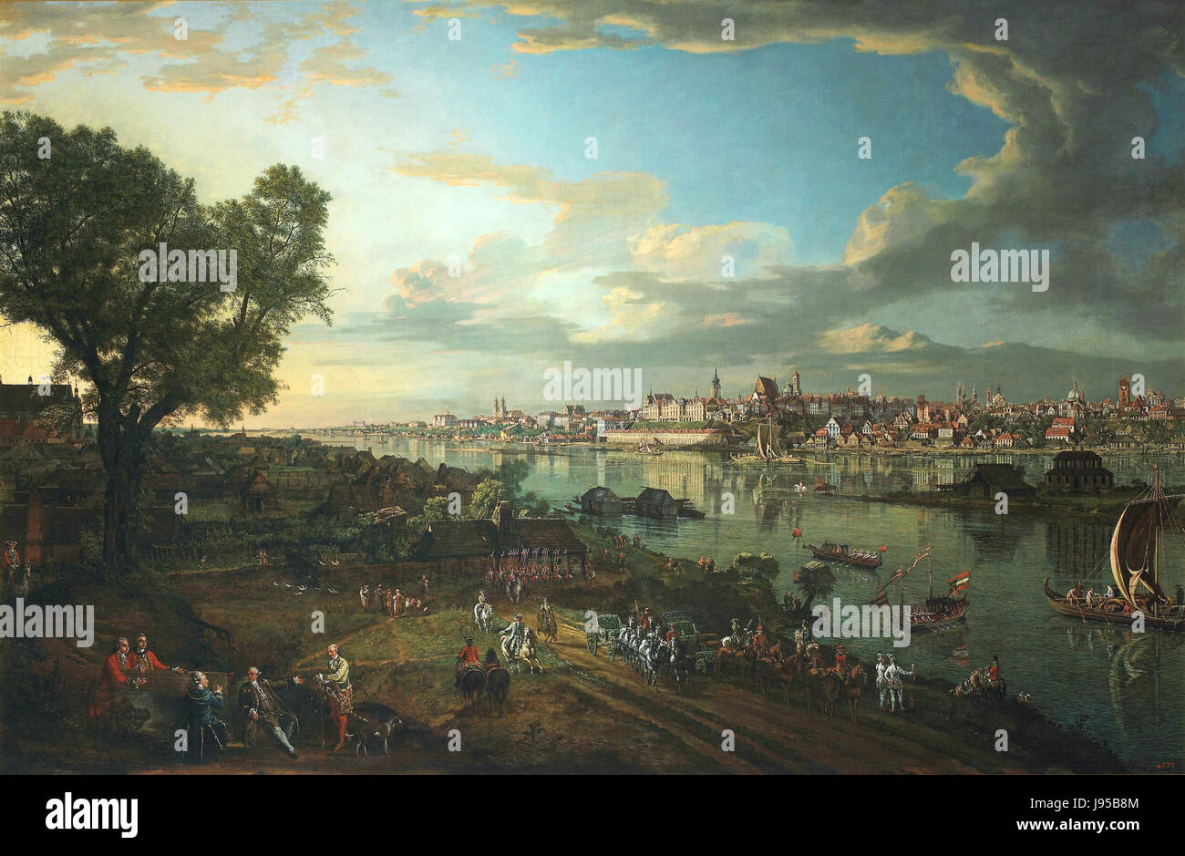 Questo dipinto di Bernardo Bellotto raffigura una vista panoramica di Varsavia da Praga. Cattura l'architettura e il paesaggio urbano della città nel XVIII secolo, offrendo una panoramica del paesaggio storico di Varsavia. Foto Stock
