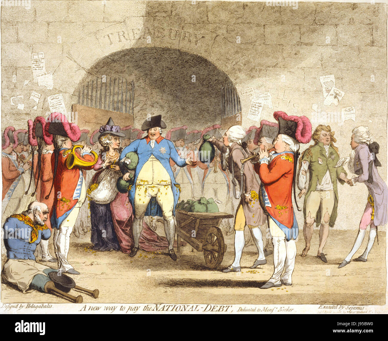 Il debito nazionale di Gillray è probabilmente un cartone animato politico satirico dell'artista britannico James Gillray. Noto per il suo commento sociale e politico, Gillray spesso rappresentava il panorama politico britannico con umorismo e aspre critiche. Foto Stock