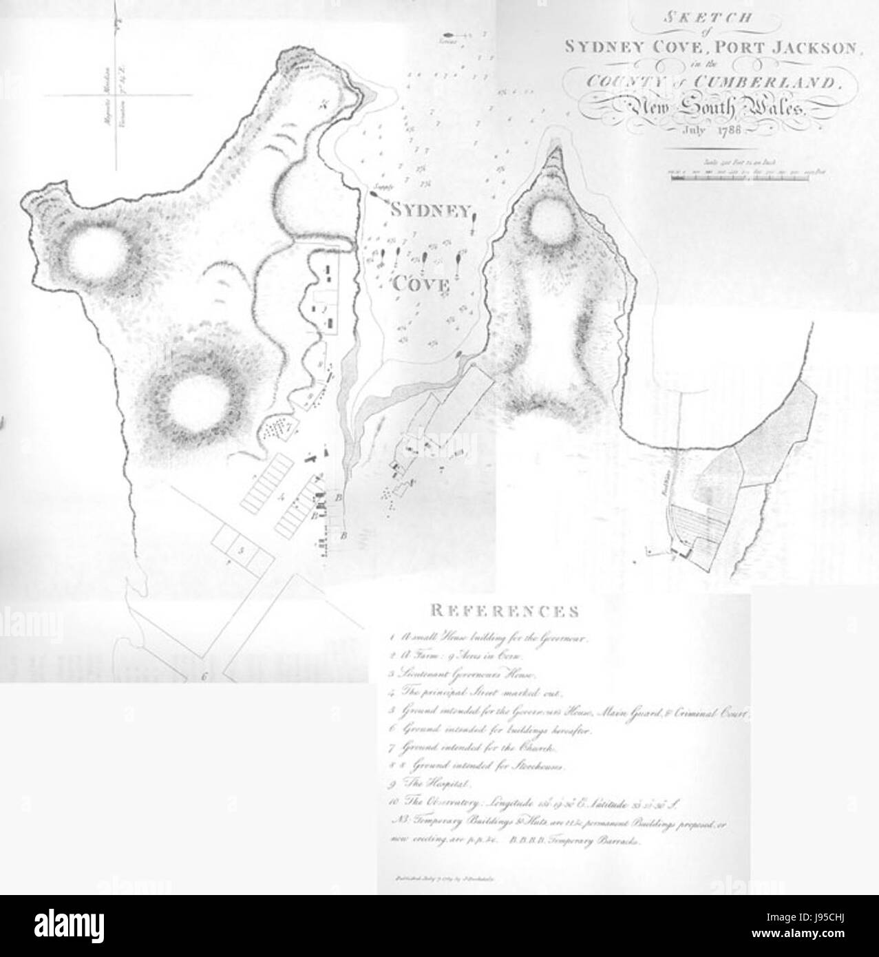 Questo schizzo cattura Sydney Cove, mostrando il porto e il paesaggio circostante, evidenziando il primo insediamento coloniale in Australia con un significato storico. Foto Stock