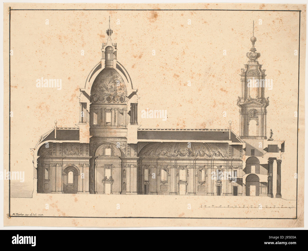 Questa immagine raffigura un disegno in sezione della Chiesa di San Lorenzo a Firenze, creato da Marcus Tuscher nel 1730. Mostra le caratteristiche architettoniche di questa chiesa rinascimentale, un significativo sito storico e religioso. Foto Stock