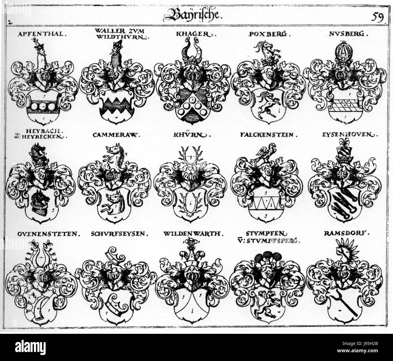 La collezione Siebmacher, pubblicata tra il 1701 e il 1705, contiene disegni araldici e stemmi familiari di famiglie nobili europee. Foto Stock