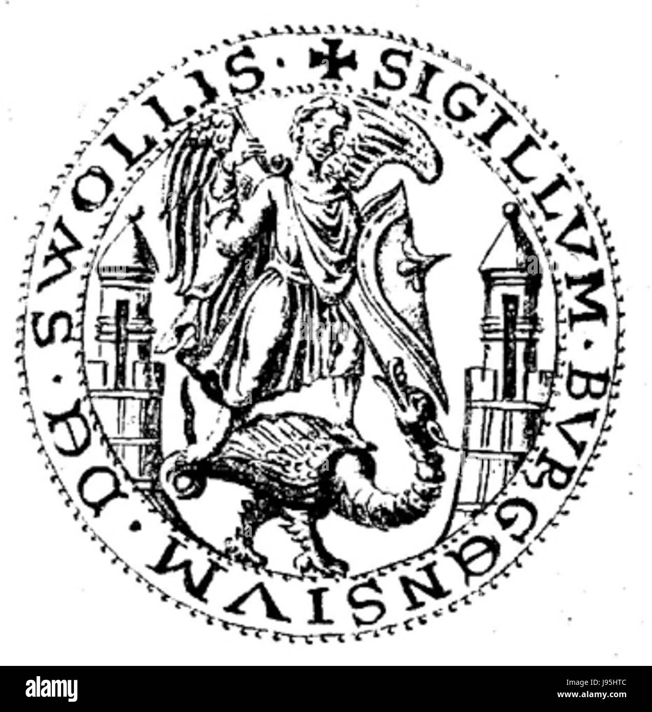 Il Sint Michael Zwolle Stadszegel, risalente al 1295, è un importante sigillo storico che rappresenta la città di Zwolle, Paesi Bassi. Ha un significato culturale e giuridico come simbolo dell'autorità della città durante il periodo medievale. Foto Stock