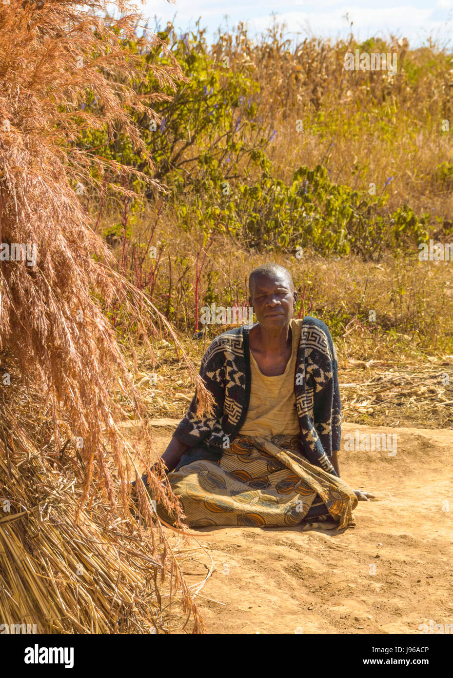 Anziana donna malawiana siede sulla terra dietro una pila di essiccazione di erbe pronto per essere usato come la paglia per il tetto della sua casa Foto Stock