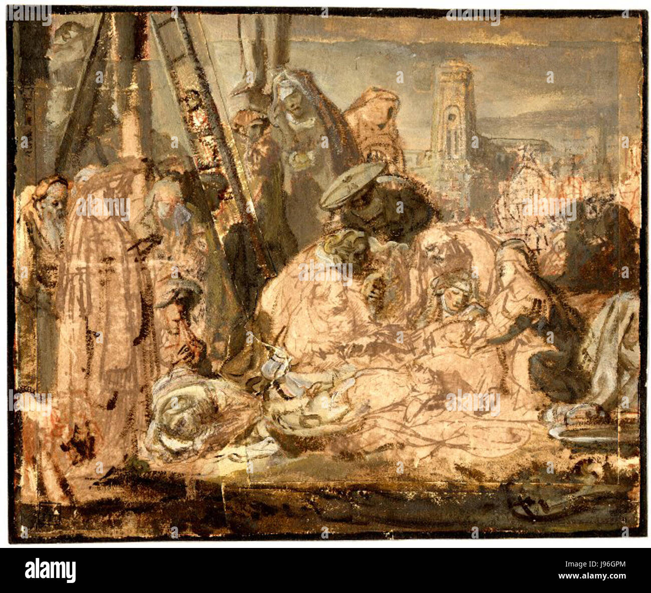 "Il lamentazione ai piedi della Croce" è un dipinto dell'artista olandese Rembrandt van Rijn, che raffigura il lutto del corpo di Cristo dopo la crocifissione. L'opera d'arte è nota per la sua profondità emotiva e per il caratteristico uso di luce e ombra da parte di Rembrandt. Foto Stock