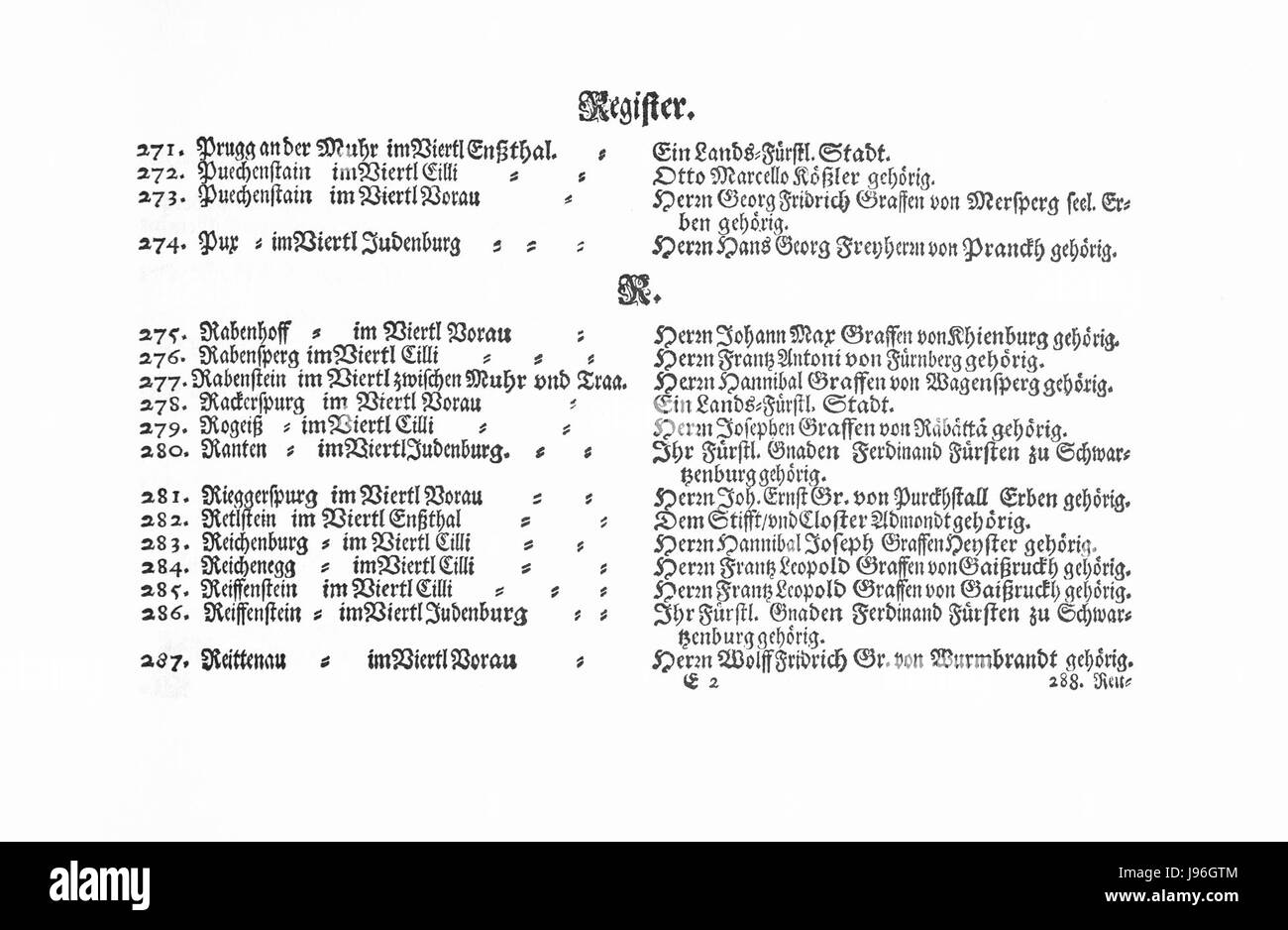 La "Topographia Ducatus Stiriae" è un registro storico che descrive in dettaglio la geografia e i punti di riferimento del Ducato di Stiria, che faceva parte del Sacro Romano Impero. Questo registro, del 1951, fornisce informazioni significative sulla topografia e le strutture storiche della regione. Foto Stock