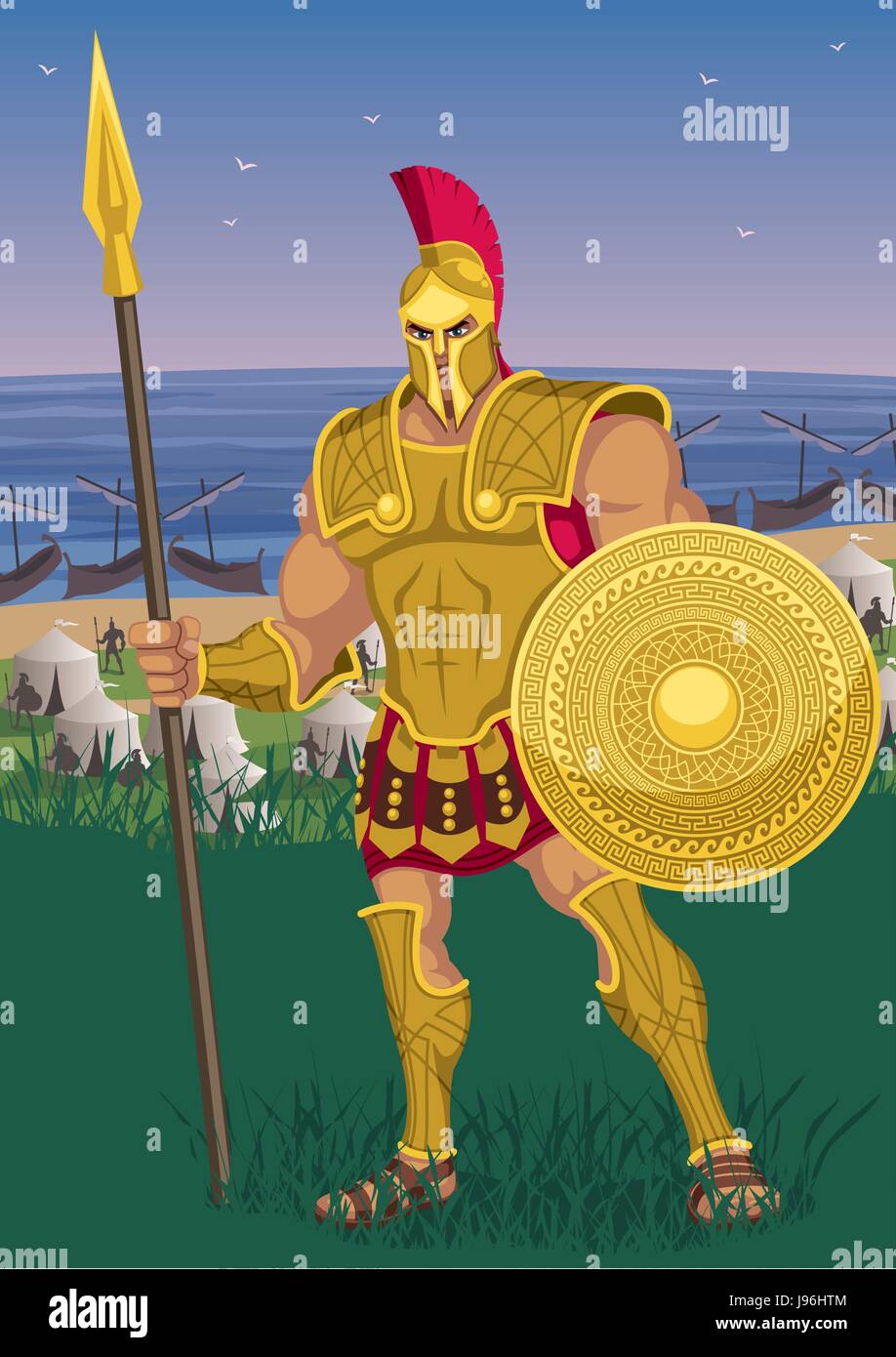 Achille vicino al camp greco sulla riva di Troia. Illustrazione Vettoriale