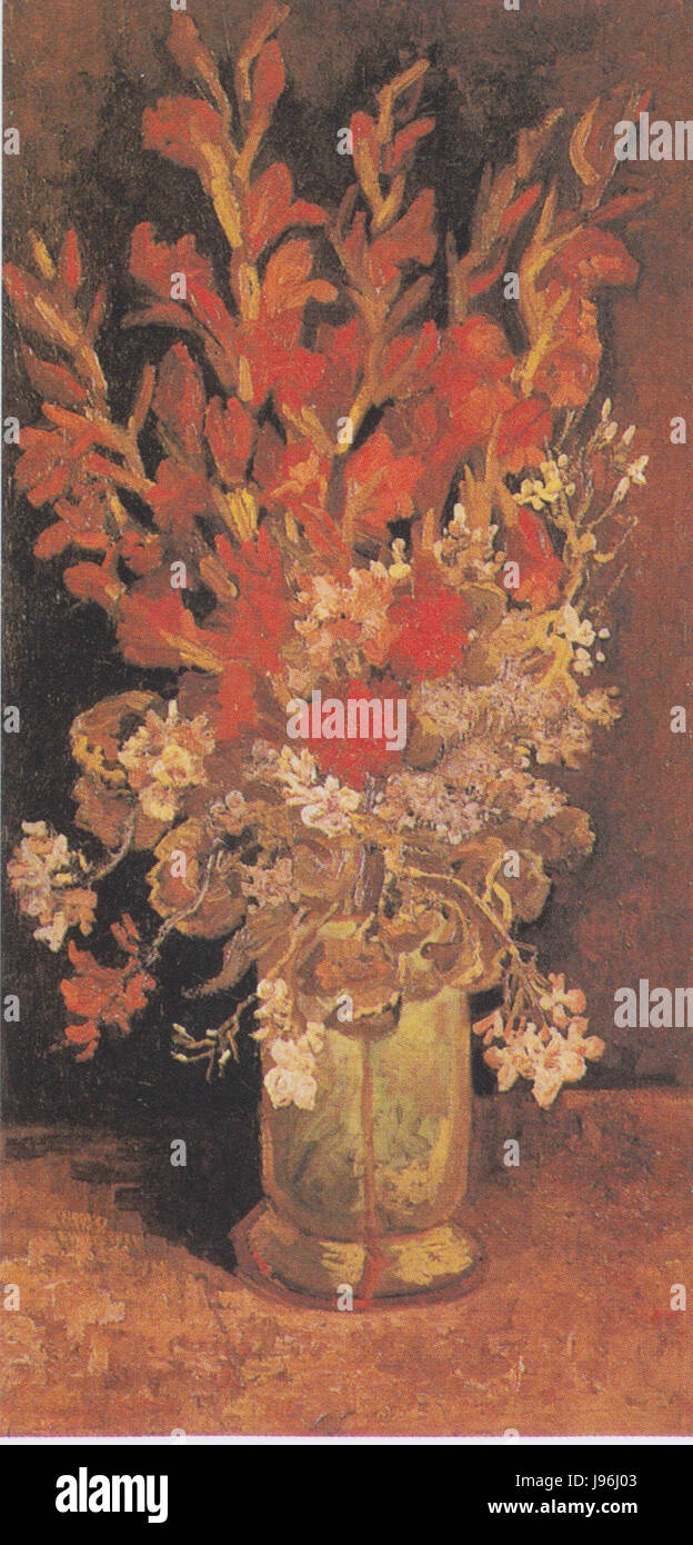 'Vase mit Gladiolen und Nelken' è un famoso dipinto di Vincent van Gogh. L'opera d'arte raffigura un vaso pieno di gladioli e garofani, che mostra le sue pennellate distintive e la vivace tavolozza di colori. Foto Stock