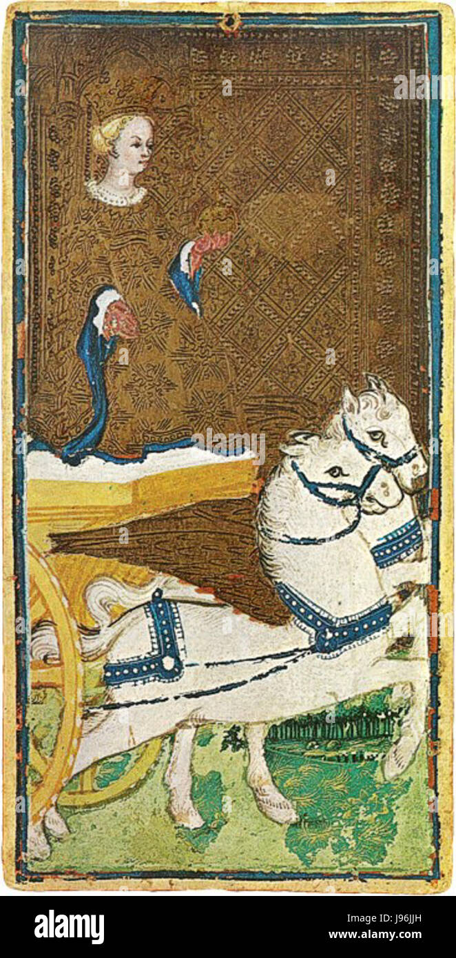 Questo si riferisce al famoso mazzo di tarocchi Visconti-Sforza, con la carta '07 Chariot' che simboleggia la forza, il controllo e la vittoria nella lettura dei tarocchi, raffigurando l'iconico carro con i guerrieri. Foto Stock