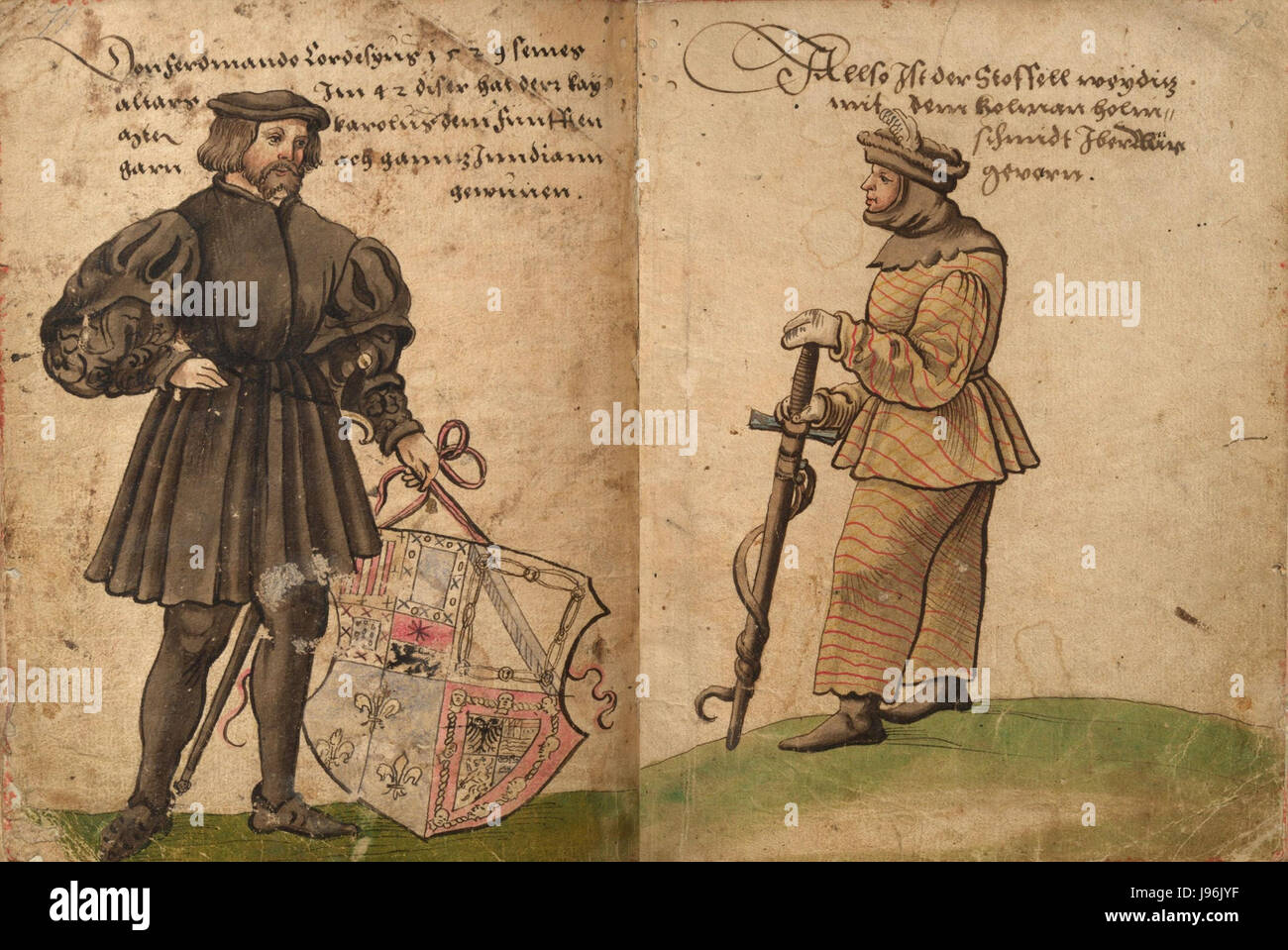 Il Weiditz Trachtenbuch, una collezione di illustrazioni dettagliate, mostra la moda e l'abbigliamento tedeschi del XVI secolo. Le pagine 077 e 078 presentano raffigurazioni di costumi storici, che riflettono gli stili di abbigliamento del periodo e il contesto culturale in cui erano indossati. Foto Stock