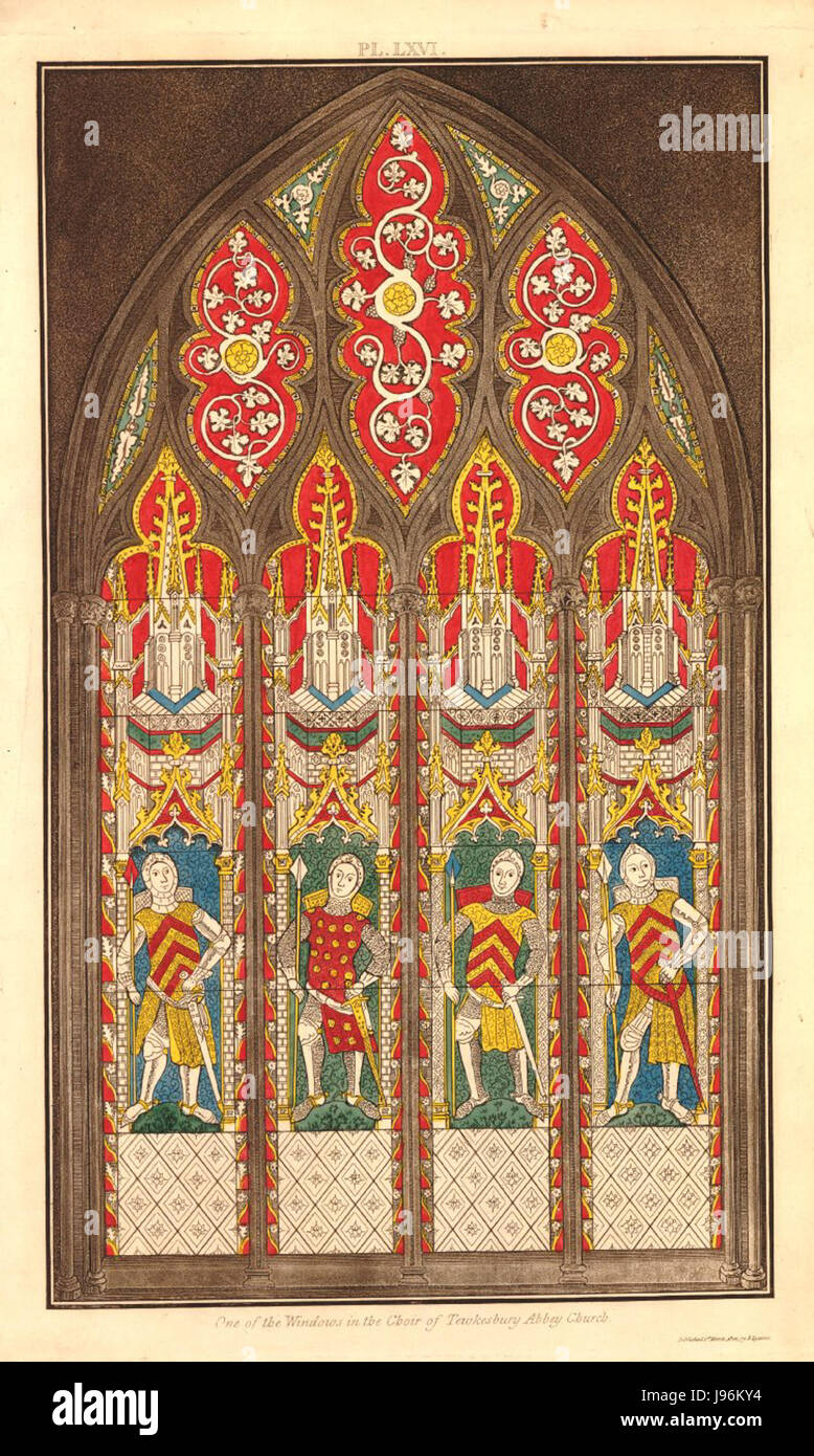 Questa immagine mostra un'illustrazione dettagliata di una delle finestre nel coro della chiesa dell'abbazia di Tewkesbury, disegnata da Samuel Lysons. L'abbazia è un sito storico nel Gloucestershire, in Inghilterra, noto per la sua architettura e la sua storia. Foto Stock Questa immagine mostra un'illustrazione dettagliata di una delle finestre nel coro della chiesa dell'abbazia di Tewkesbury, disegnata da Samuel Lysons. L'abbazia è un sito storico nel Gloucestershire, in Inghilterra, noto per la sua architettura e la sua storia. Foto Stock