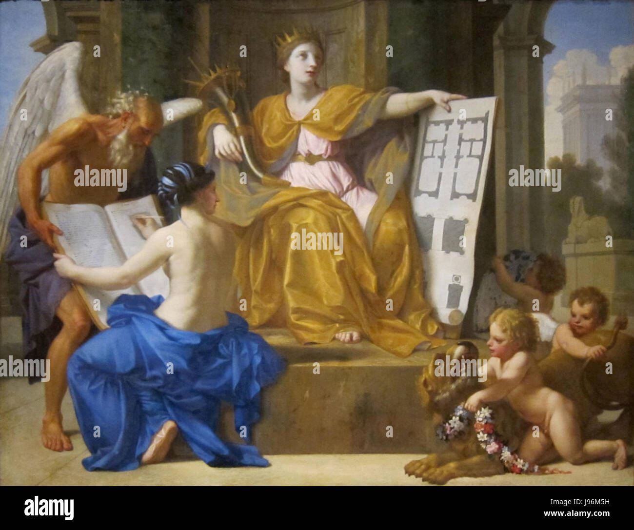 "Allegoria della magnificenza" di Eustache LeSueur è un dipinto barocco che mostra figure ed elementi simbolici che rappresentano la grandezza, il potere e le virtù della magnificenza. Presenta dettagli intricati tipici delle opere di LeSueurâ, enfatizzando la grandezza artistica e i temi classici dell'arte francese del XVII secolo. Foto Stock