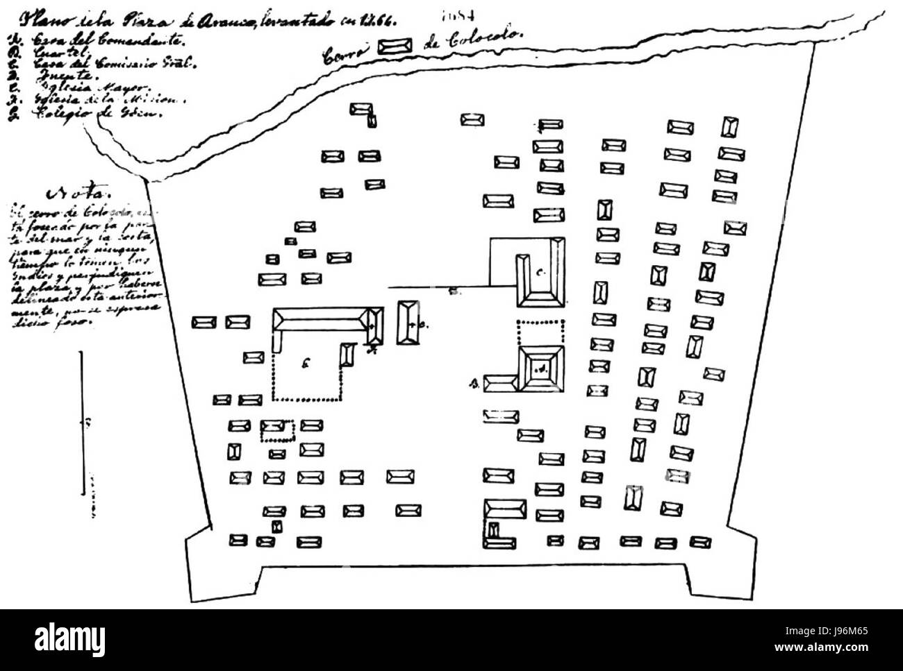 "Plano de Arauco 1764" è una mappa storica che descrive dettagliatamente la regione di Arauco in Cile, probabilmente raffigurante le sue caratteristiche geografiche e gli insediamenti durante il XVIII secolo. Questa mappa fornisce informazioni preziose sull'organizzazione territoriale dell'era coloniale. Foto Stock