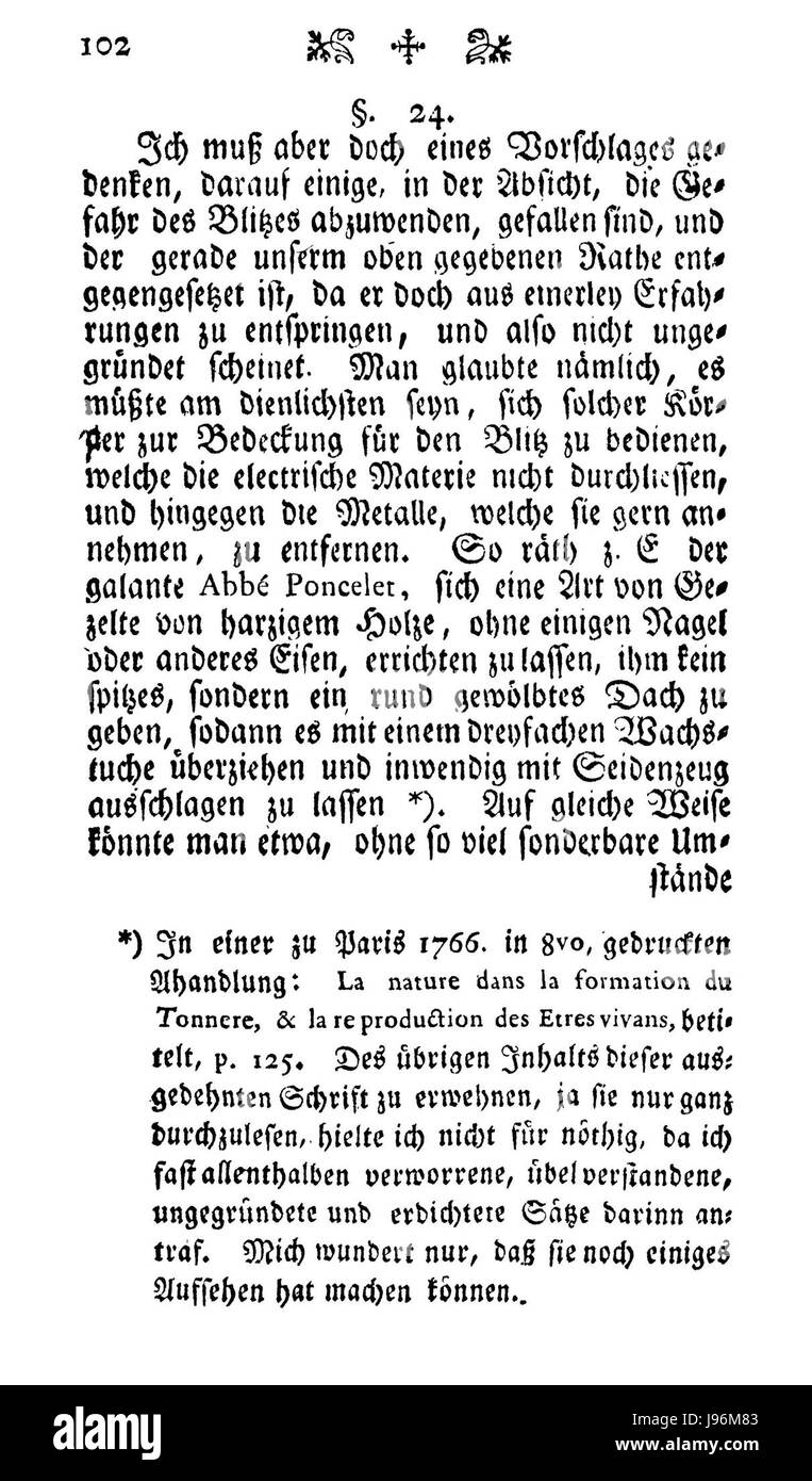 Questo lavoro, probabilmente uno studio scientifico di Reimarus, discute la causa dei fulmini, come indicato a pagina 102. Lo studio verosimilmente si concentra sull'elettricità o sui fenomeni naturali. Foto Stock