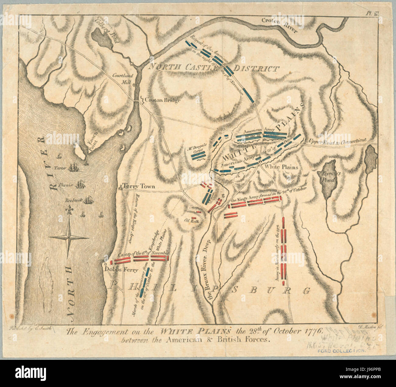 Questi piani di battaglia descrivono in dettaglio i movimenti strategici e gli eventi chiave durante la battaglia di White Plains, combattuta durante la guerra di indipendenza americana nel 1776. I piani delineano il posizionamento delle truppe, le fortificazioni e le decisioni tattiche prese durante il conflitto. Foto Stock