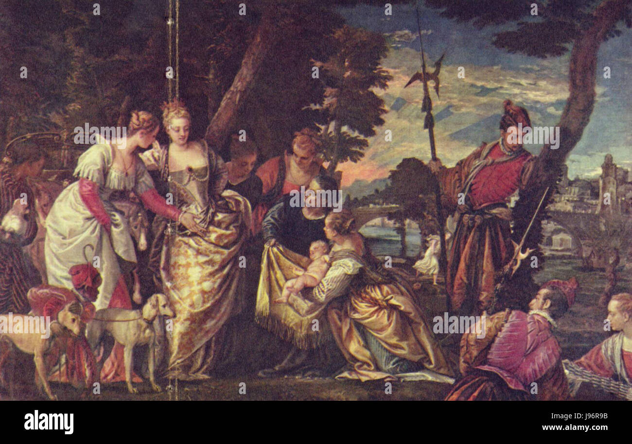 Paolo Veronese è stato un pittore rinascimentale italiano noto per le sue scene religiose e storiche su larga scala. Questa opera d'arte rappresenta la sua maestria nella fusione di colori vividi, drammi ed elementi architettonici. Foto Stock
