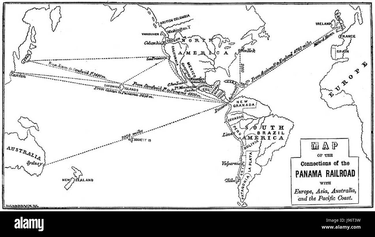 Questa mappa della Panama Railway (Panama RR) offre dettagli sul percorso della ferrovia che collega l'Oceano Atlantico e l'Oceano Pacifico. È una caratteristica chiave della storia dei trasporti di Panama e del suo significato economico nel collegare le rotte commerciali globali. Foto Stock