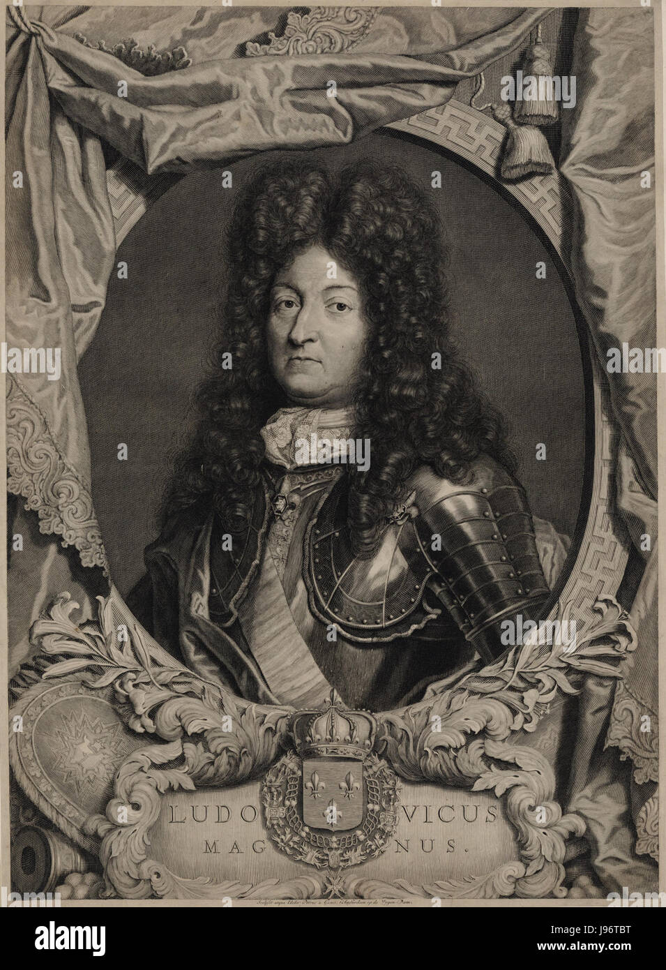 Il ritratto di Luigi XIV di Francia, creato dall'artista van Gunst, è una rappresentazione del Re Sole, che mostra la sua grandezza regale e il suo potere. Luigi XIV, noto per il suo lungo regno e la sua influenza sulla politica francese, è raffigurato in un tradizionale abito reale, che riflette il suo status di simbolo di monarchia assoluta. Foto Stock