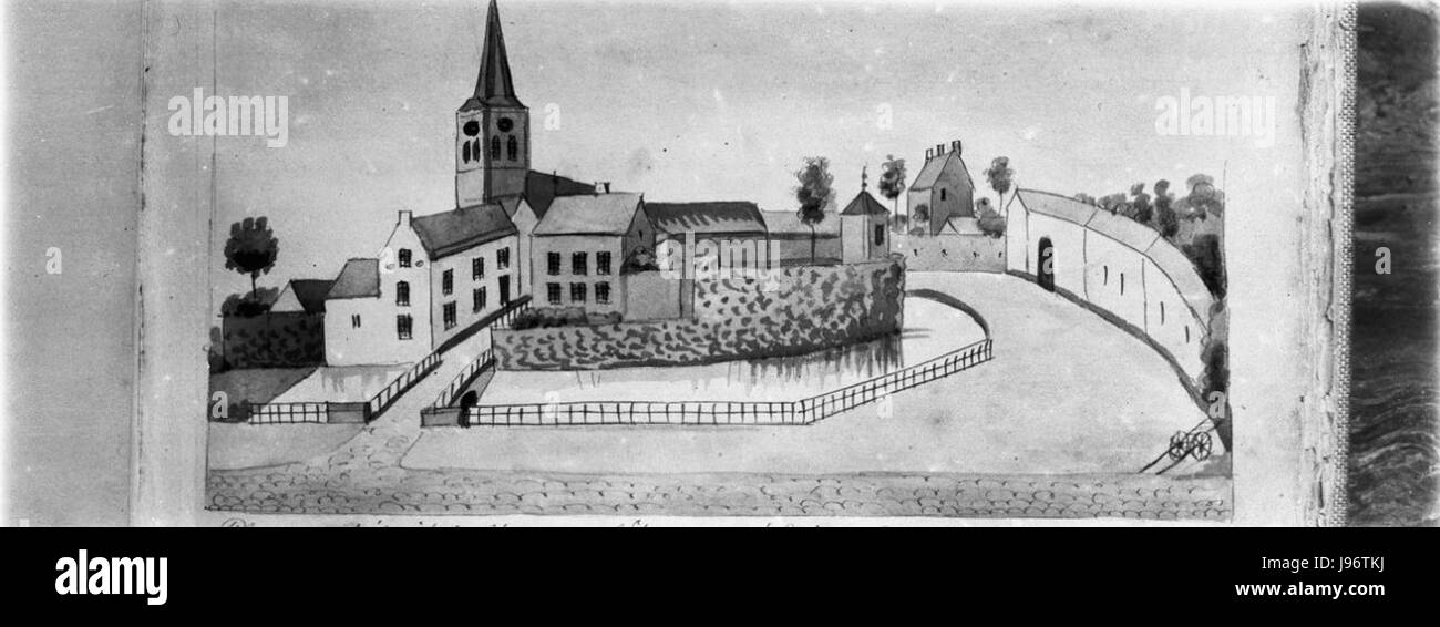 Questa è una riproduzione di un disegno storico di Gulpen, archiviato nello Stads Archief Maastricht. Il disegno raffigura la città di Gulpen, situata nella provincia di Limburgo, nei Paesi Bassi, che riflette la sua architettura, il paesaggio e la sua storia all'inizio del XIX secolo. La riproduzione offre una panoramica del patrimonio e dell'evoluzione della regione. Foto Stock