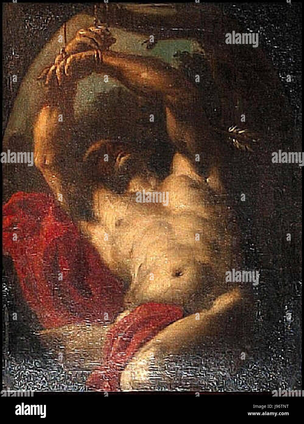 Si tratta di una raffigurazione di San Sebastiano dipinta da Guido reni, un artista barocco italiano. La rappresentazione di reni si concentra sul martirio del santo, con vivide emozione e drammatico uso della luce. Foto Stock