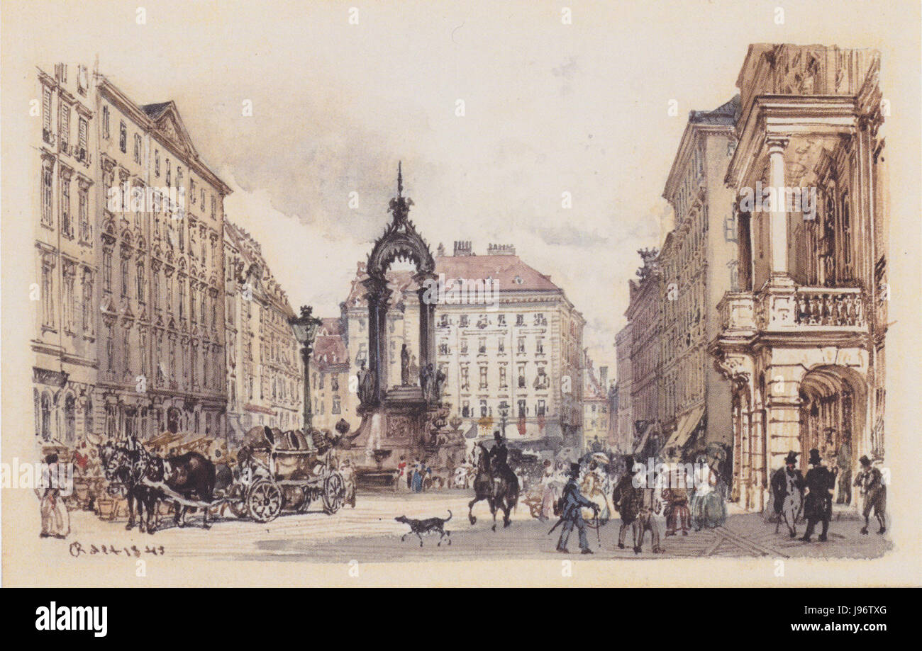 "Der Hohe Markt in Wien" è un dipinto di Rudolf von Alt del 1845, che mostra una scena storica dell'Hohe Markt, una delle piazze più antiche di Vienna, che cattura l'architettura e la vita urbana del XIX secolo. Foto Stock