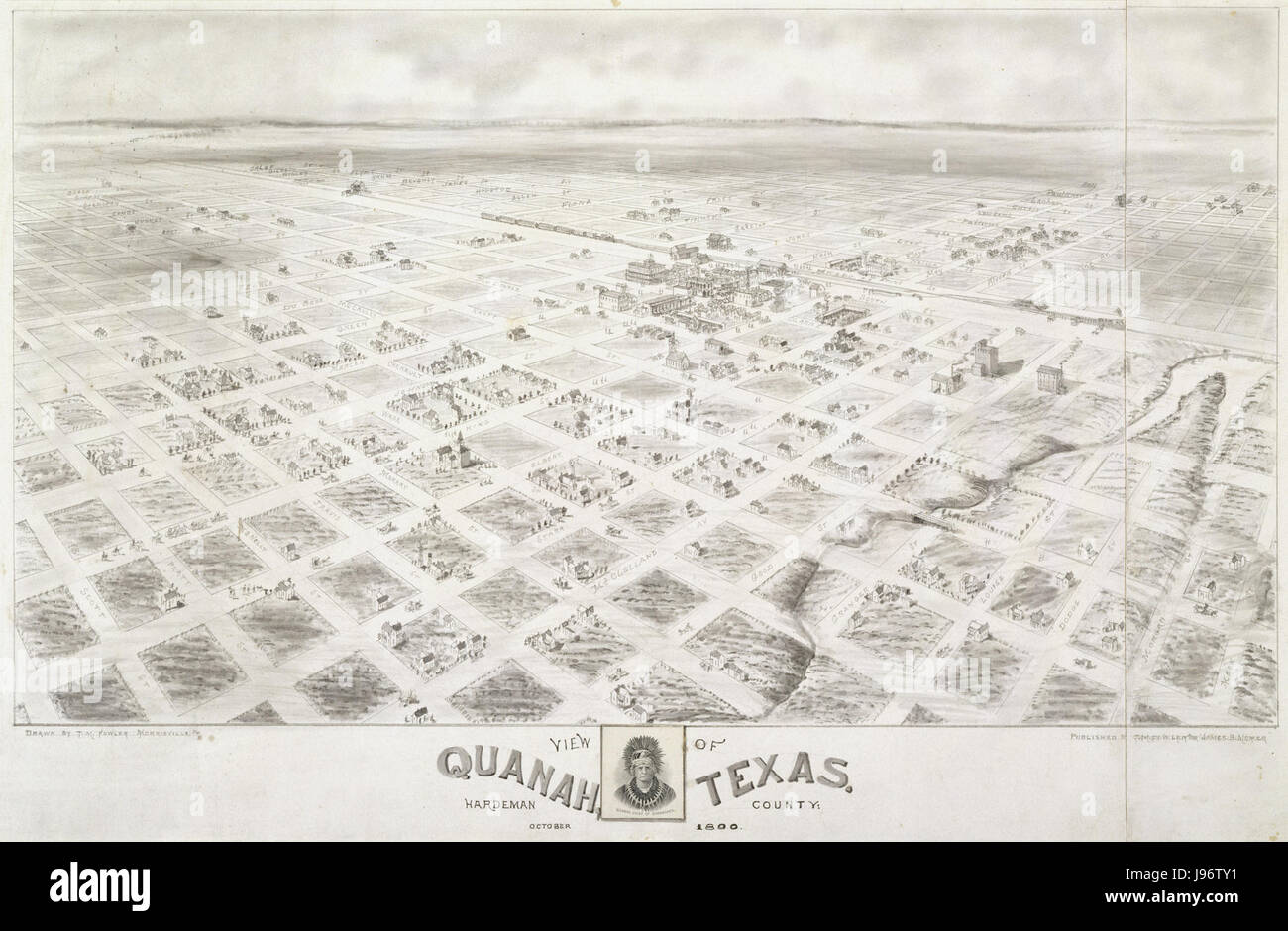 Un disegno storico di Quanah, Texas, nel 1890, che raffigura il paesaggio e la comunità di questa significativa città nell'ovest americano durante la fine del XIX secolo. Foto Stock