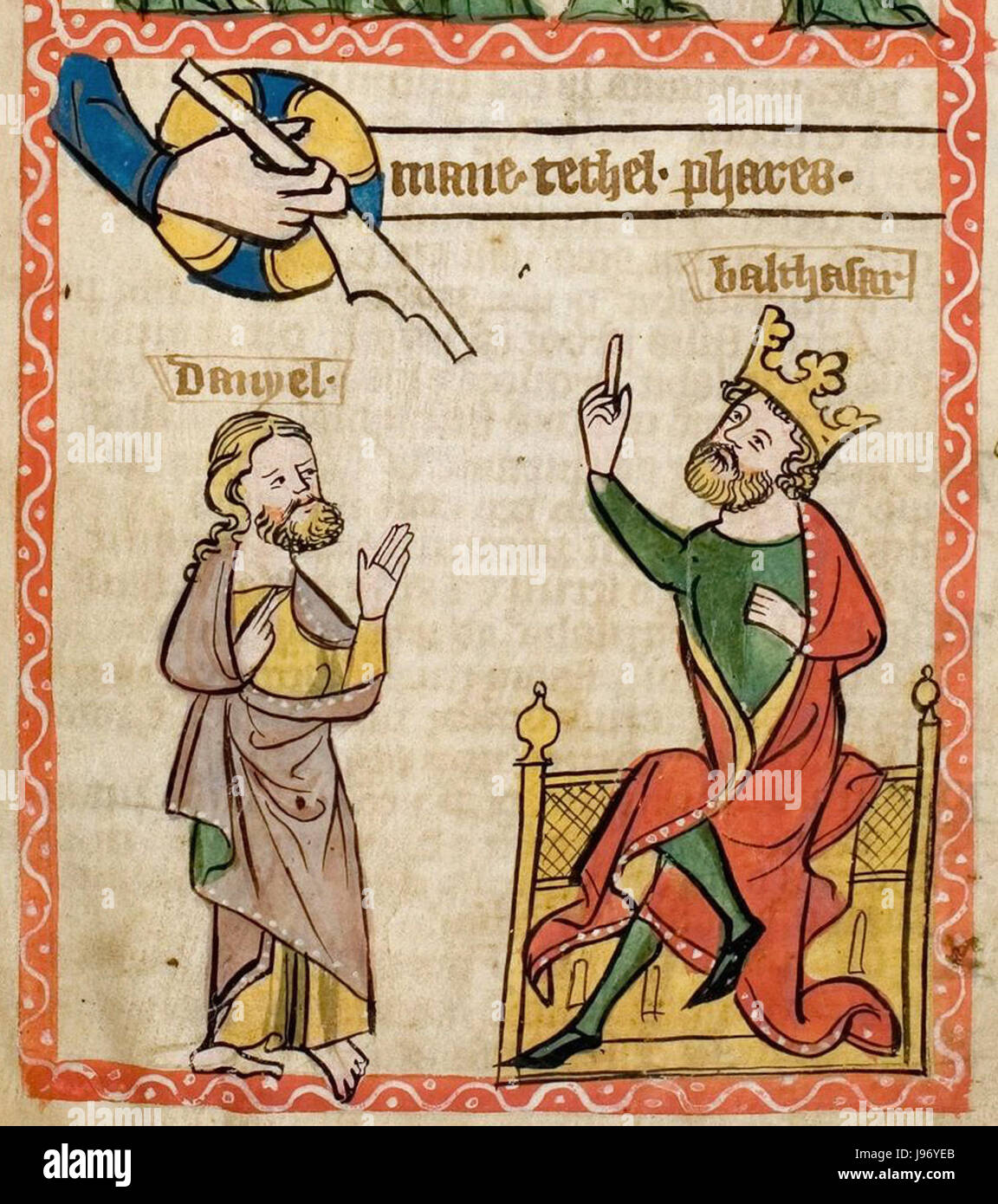 Speculum Darmstadt è un manoscritto medievale contenente importanti informazioni teologiche e storiche. Il riferimento a "Menetekel" è probabilmente un termine biblico, relativo al Libro di Daniele, spesso interpretato come un avvertimento o profezia. Foto Stock