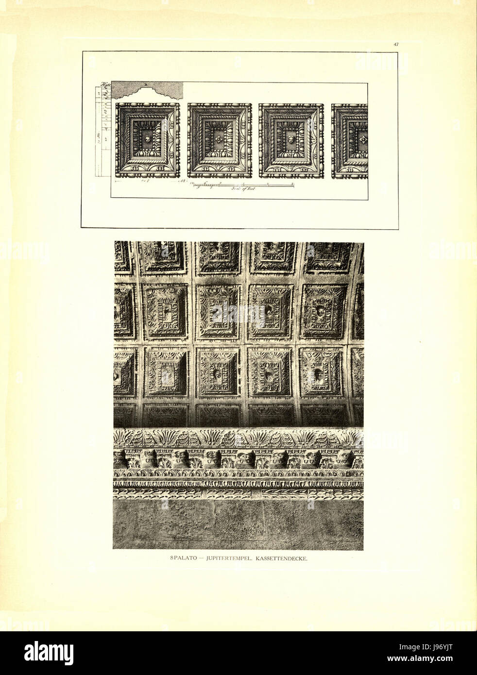 Questa immagine di "Tafel 047" mostra una dettagliata rappresentazione del disegno del soffitto nel Tempio di Giove a Spalato (l'odierna Spalato, Croazia), con enfasi sul Kassettendecke (soffitto a cassettoni) nell'opera del 1909 di Kowalczyk e Robert Adam influenzata dal 1764. Foto Stock