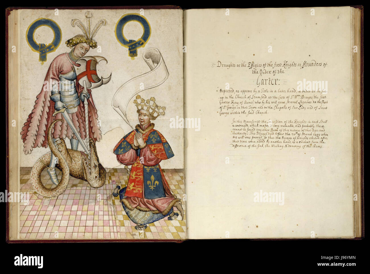 *Il Re della Giarrettiera davanti a San Giorgio* è una rappresentazione del Libro della Giarrettiera del 1435, che mostra il Re delle armi della Giarrettiera davanti a San Giorgio. Il Libro della Giarrettiera è un importante manoscritto araldico dell'Inghilterra medievale, che descrive l'ordine della Giarrettiera. Foto Stock