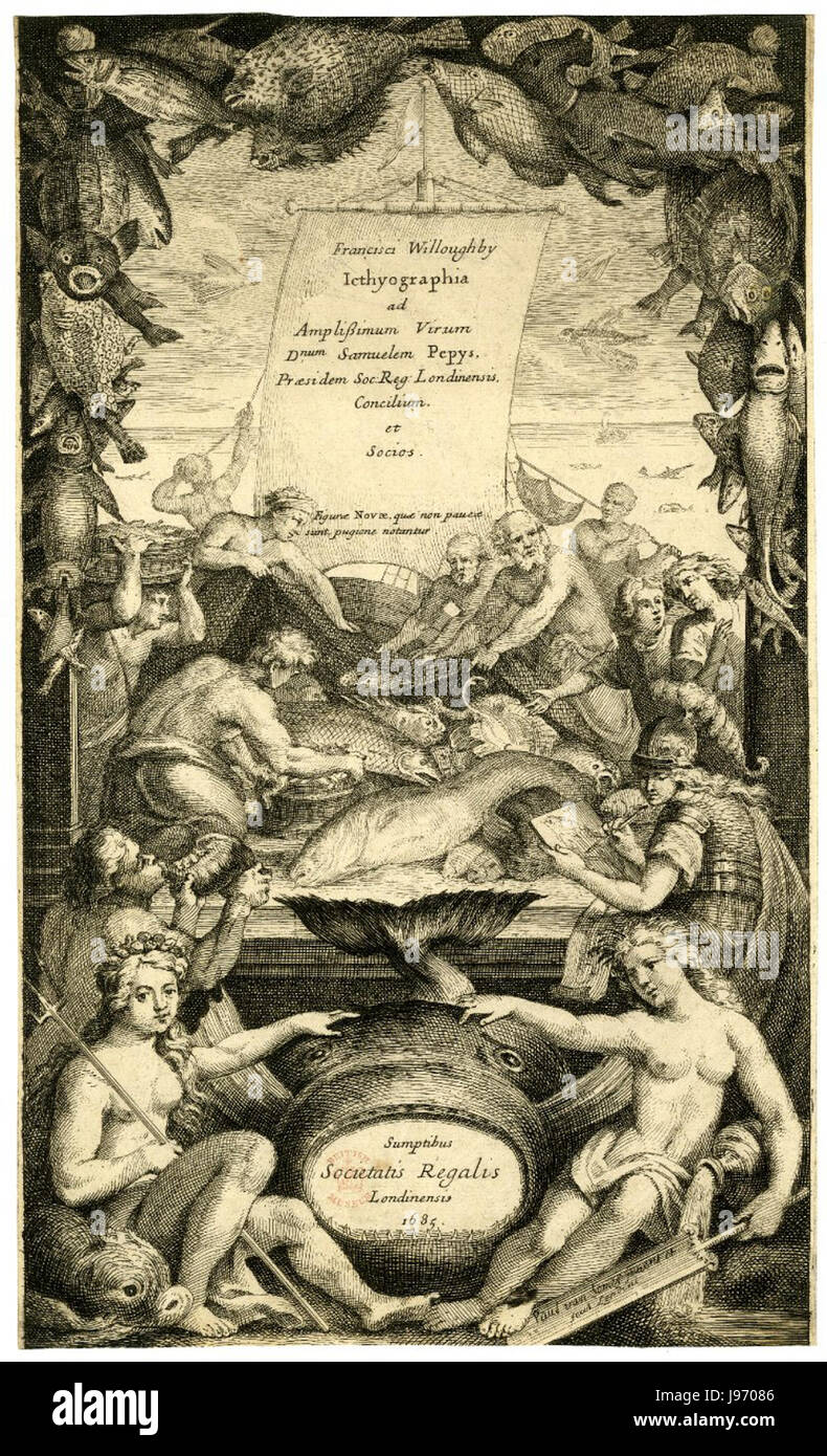 Pagina titolo Francis Willughby "Historia piscium' Oxford 1686 da Paul van Somer Foto Stock