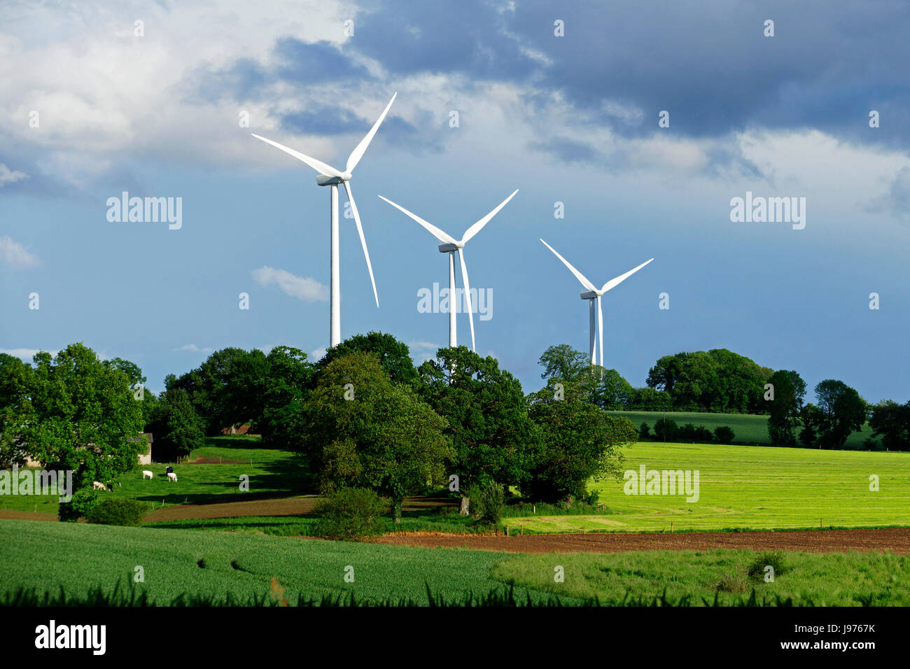 Le turbine eoliche in campagna (Nord Mayenne, Pays de la Loire, Francia). Foto Stock
