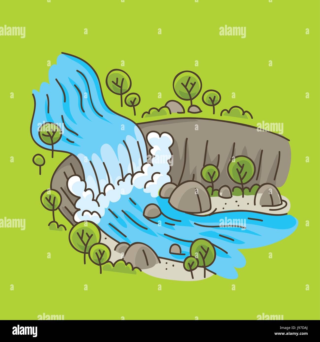 Un cartone animato in cascata in un luminoso paesaggio naturale. Illustrazione Vettoriale
