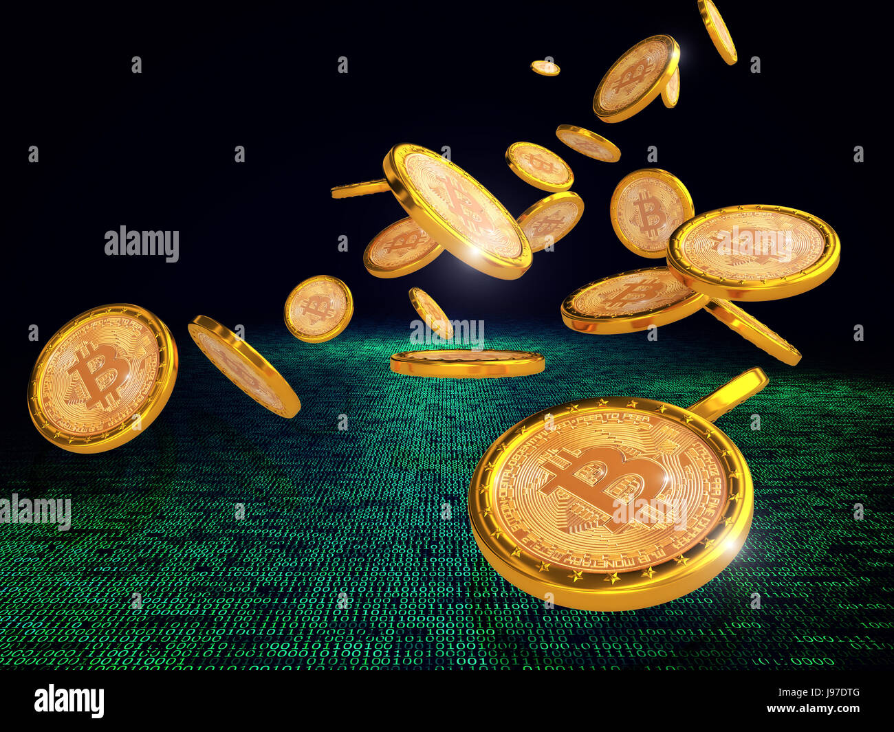 Bitcoin golden moneta sul codice binario sfondo 3d rendering immagine Foto Stock