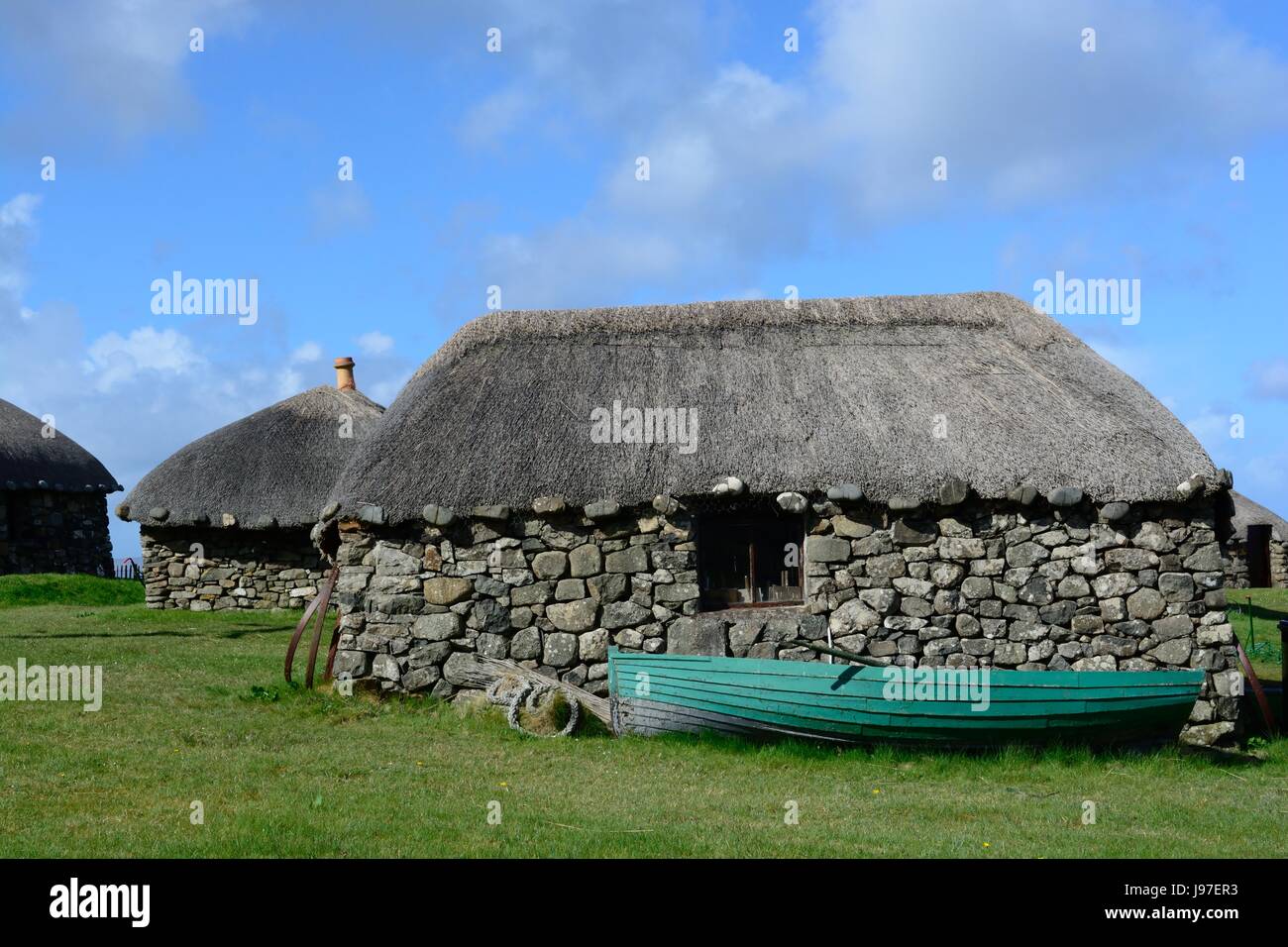 Skye Museum of Island Life cottage con il tetto di paglia Kilmuir isola di Skye in Scozia Foto Stock