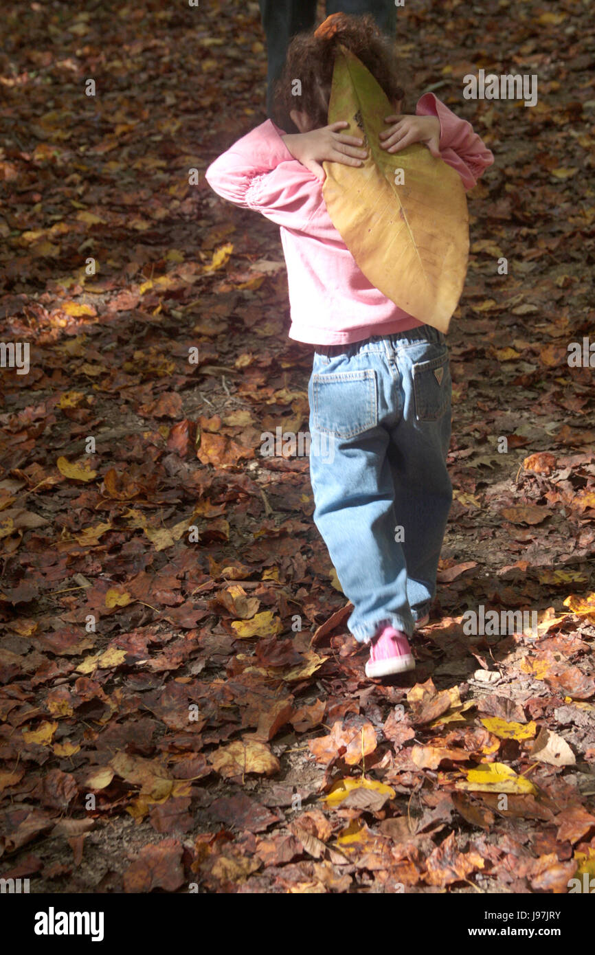 Bambino con enormi foglie sul retro a piedi nei boschi Foto Stock