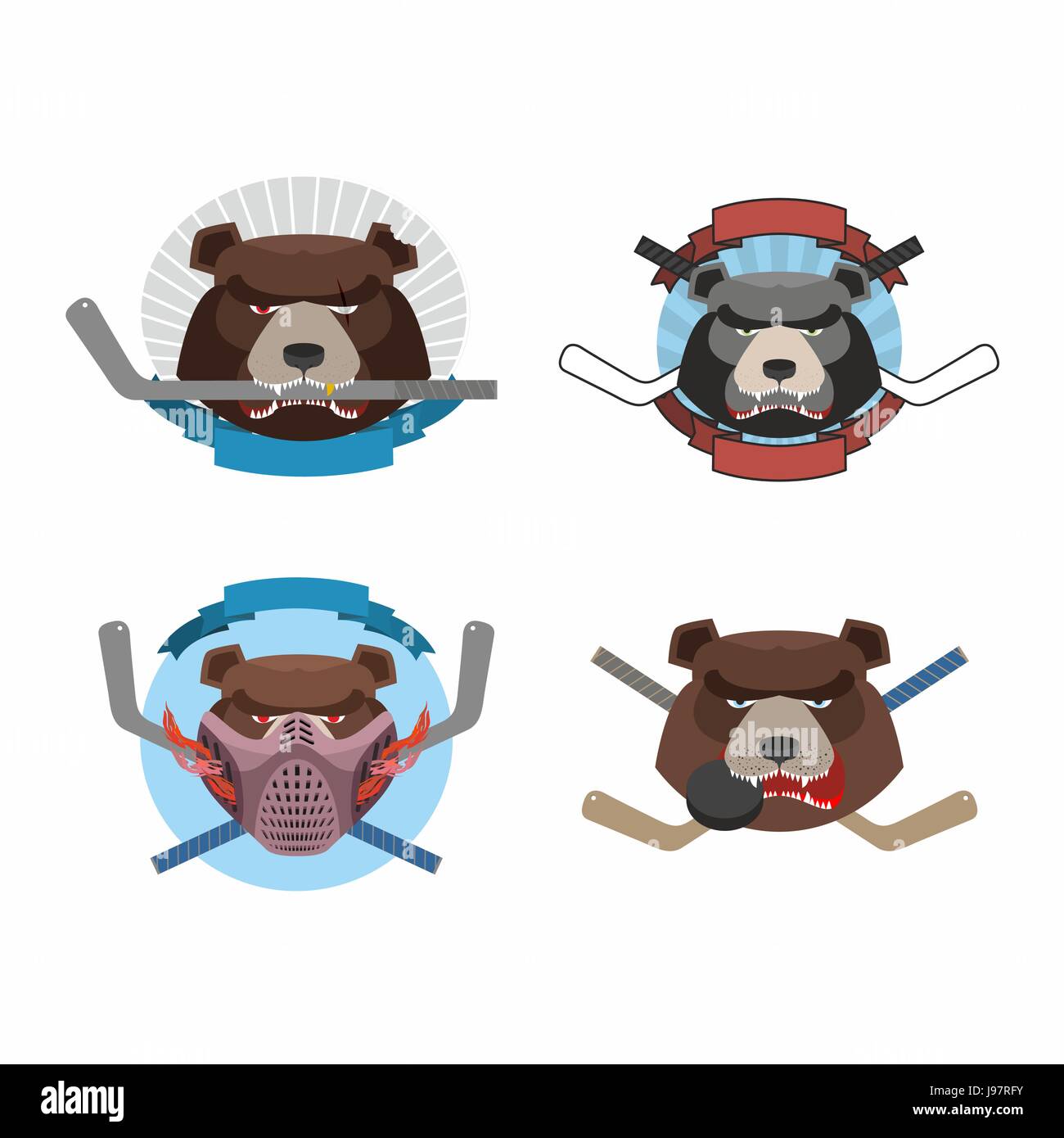 Il logo di Hockey bear set. Museruola animali con bastoni di hockey su ghiaccio team. Feroce e Animali arrabbiati. Illustrazione Vettoriale logo Illustrazione Vettoriale