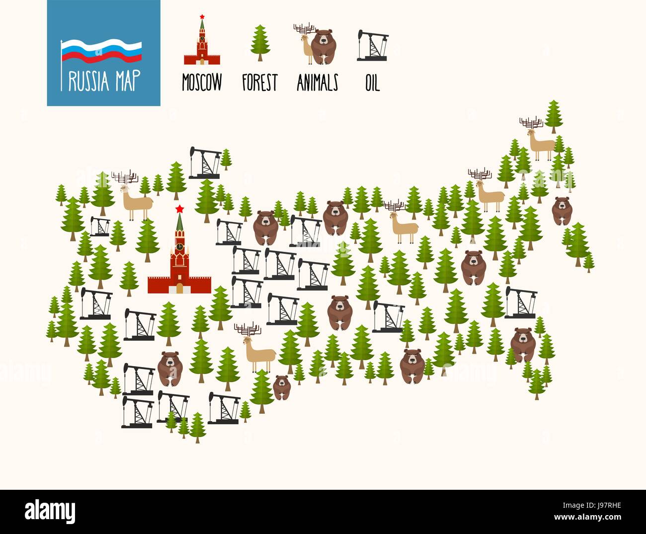 Mappa di Russia. Infografico della Federazione Russa. Olio di minerali e di foreste. Il Cremlino di Mosca e orsi. Illustrazione Vettoriale Illustrazione Vettoriale