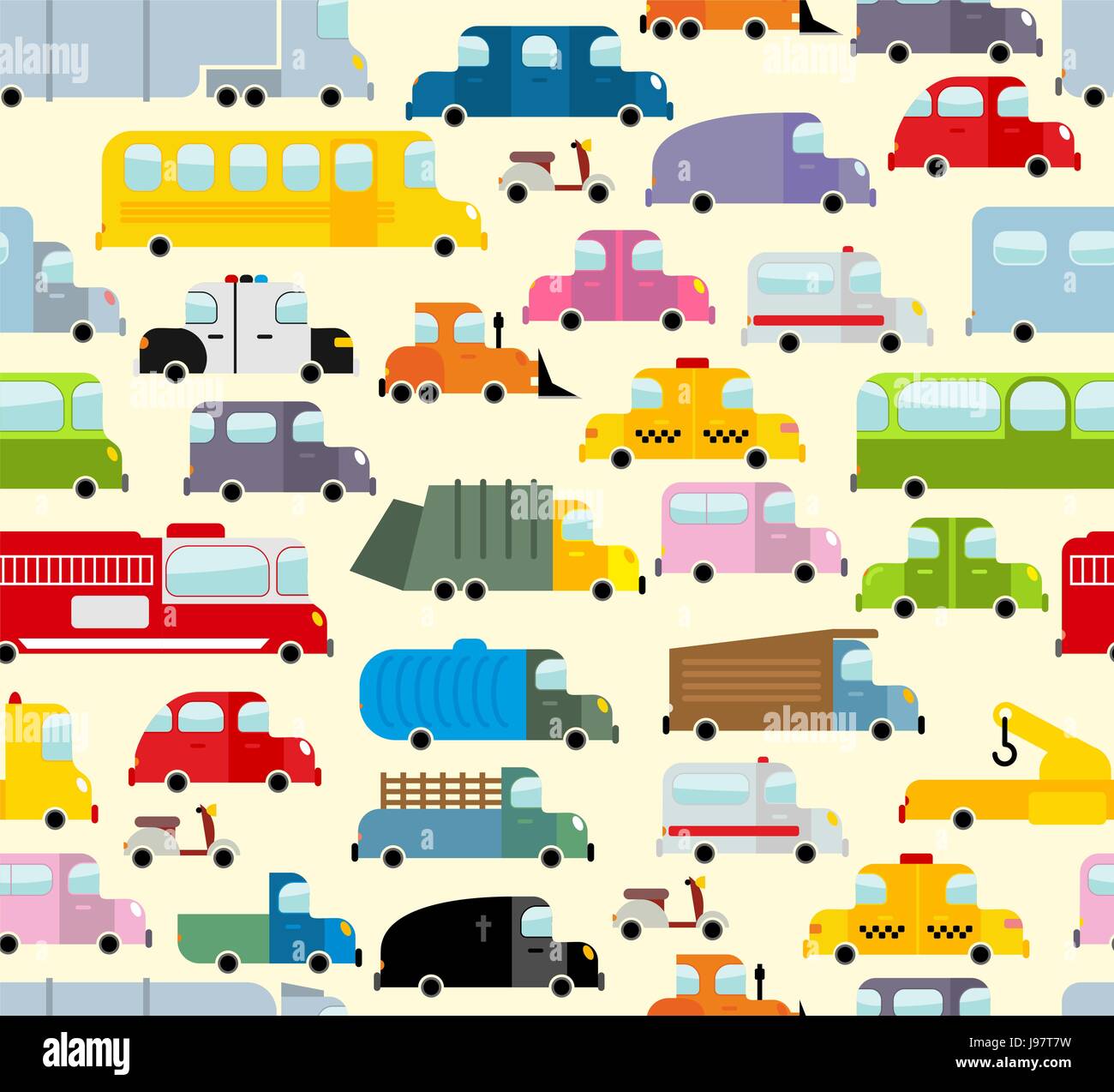 Cartoon modello di auto. Il traffico della città jam. Massa diversificata Transoprt. Background seamless giocattolo auto. Il trasporto di passeggeri e di merci. Funebre e ambulanza ca Illustrazione Vettoriale