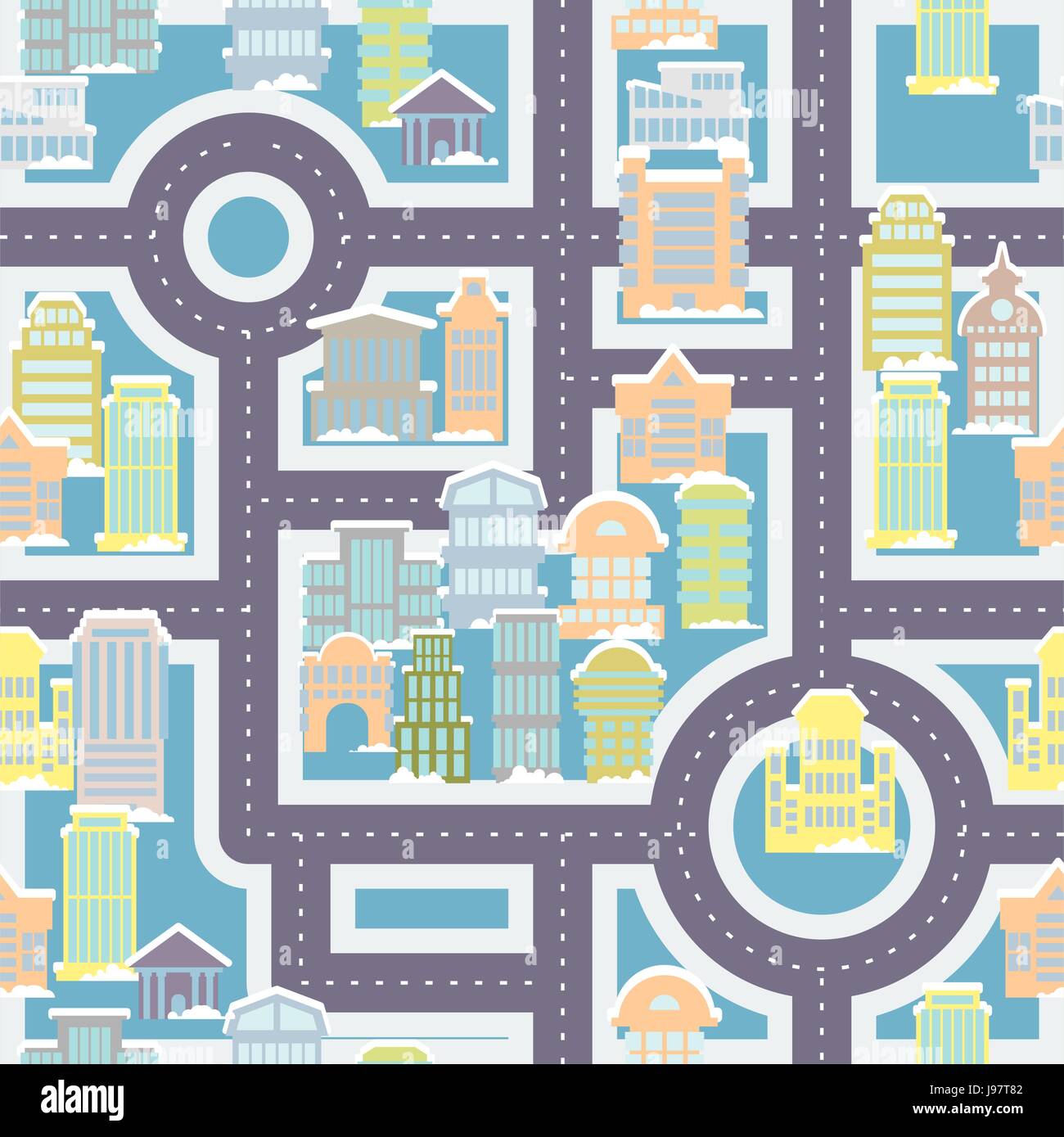 Strada di città seamless pattern. Edifici pubblici e grattacieli. Carino ornamento case e strade per il tessuto per bambini. Ampio background urbano. baby vei Illustrazione Vettoriale