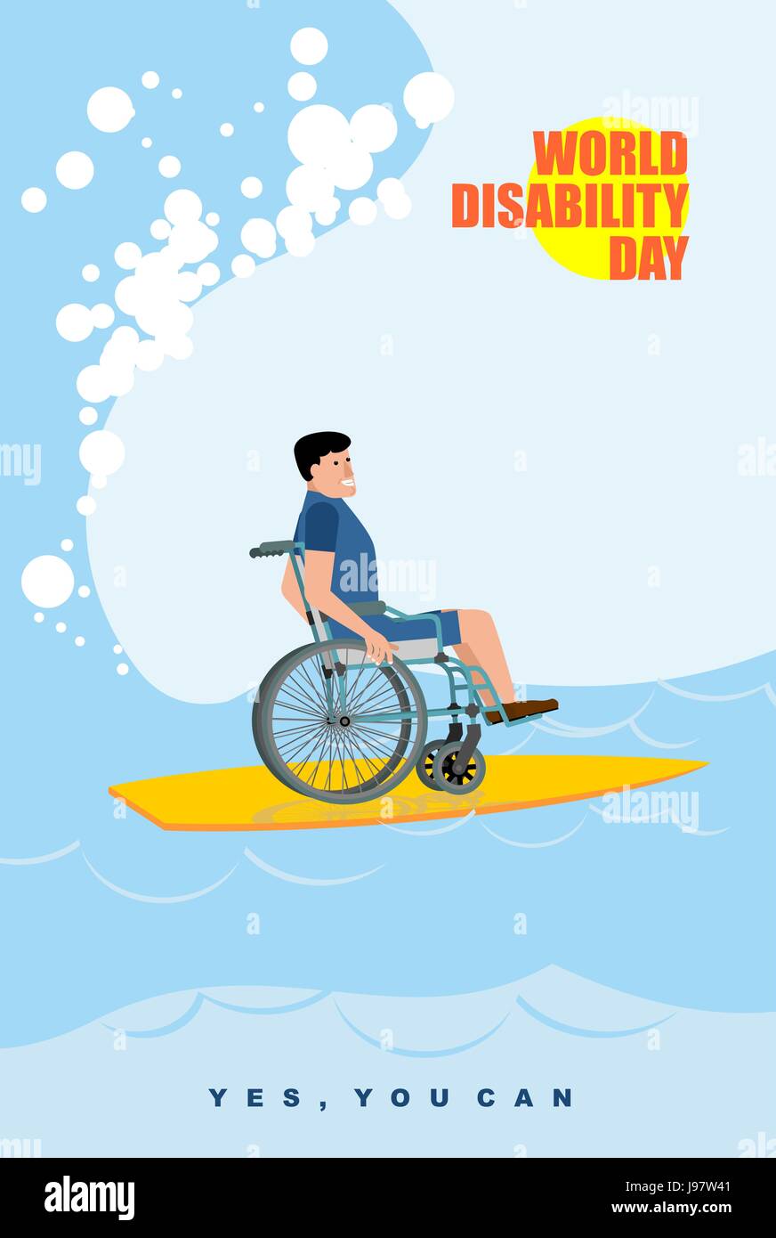 Mondo disabilità giorno. Uomo in sedia a rotelle galleggianti a bordo per il surf. Disabili in tuta protettiva surf sulla cresta dell onda in oceano. Sì, è possibile. Post Illustrazione Vettoriale