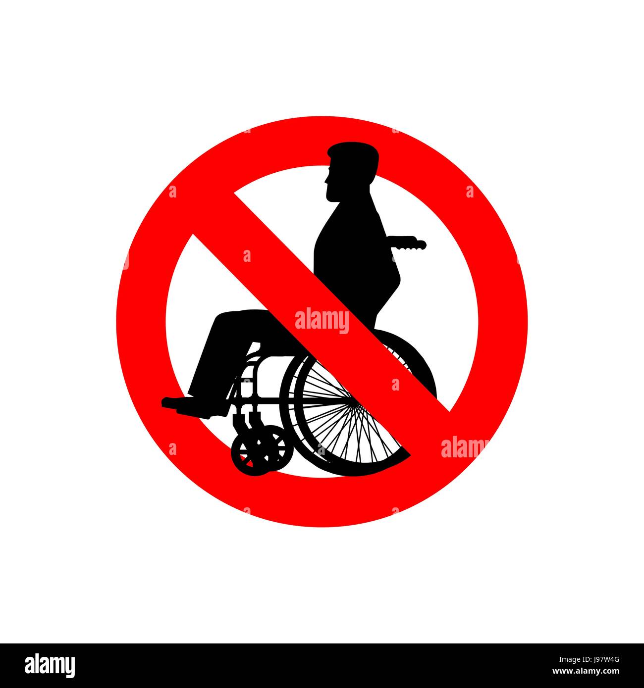 Arrestare disabilitato. Vietato la persona sulla sedia a rotelle. Divieto per le persone con disabilità. Rosso segno di divieto Illustrazione Vettoriale