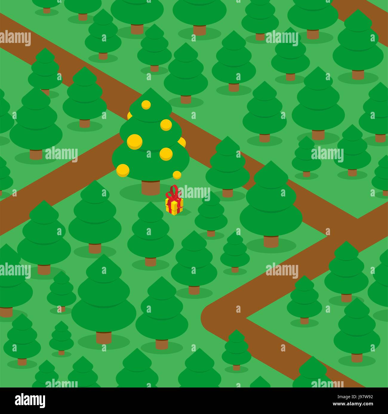 Boschi e sentieri seamless pattern. Grande albero di Natale decorato palle. Nuovo anno in più spesso. Molti dei verdi alberi texture. Holiday ornamento per vincere Illustrazione Vettoriale