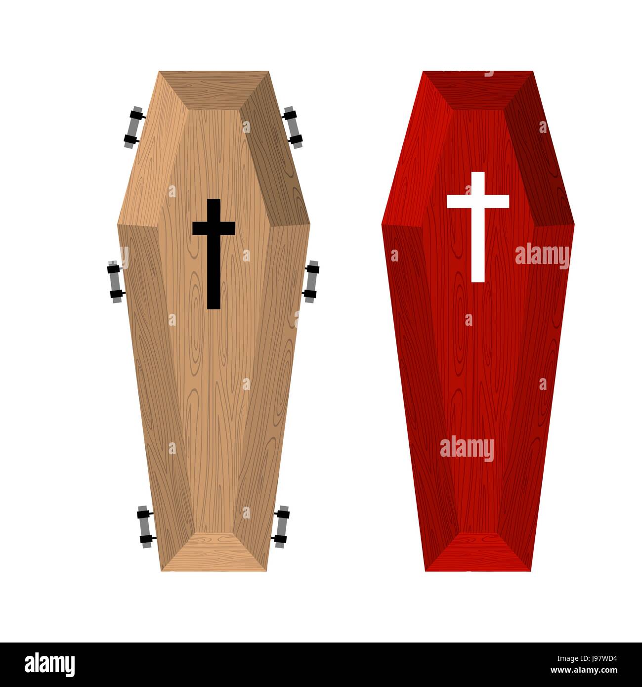 Set di bare. Bella rossa costoso bara e una bara di legno. Illustrazione Vettoriale di accessori per la morte. Illustrazione Vettoriale